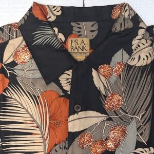 JOS A BANK Mens XL Black 100% Silk Tropical Floral Short Sleeve Button Up Shirt